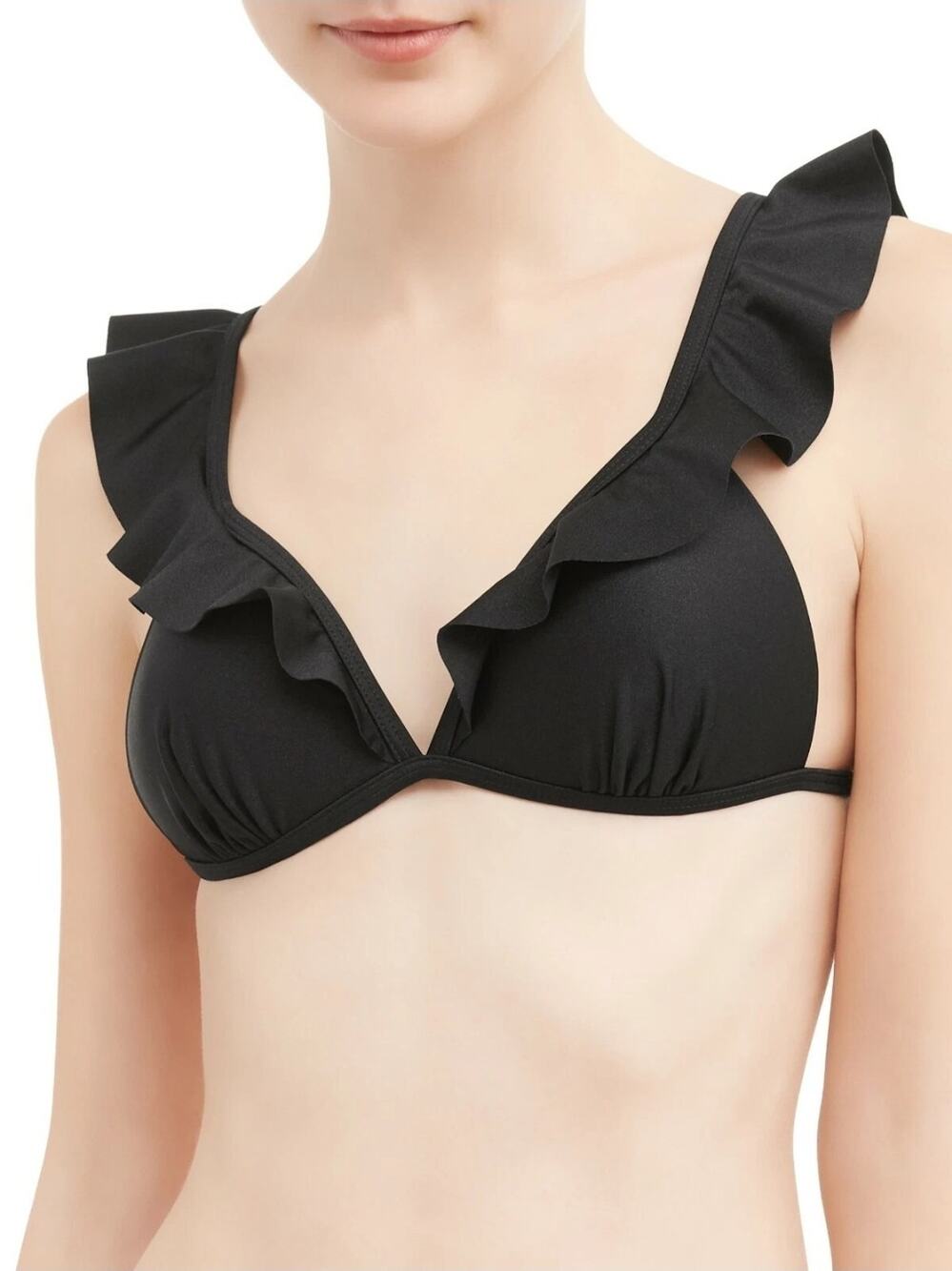 No Boundaries Women's Black Ruffle Bikini Top Tie Back Padded Size L (11-13)